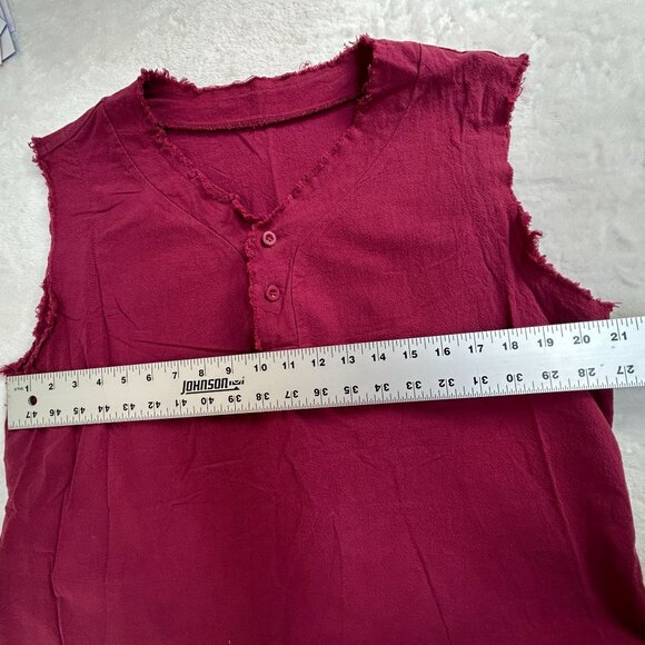 Women's Sleeveless Cotton Flax Blend Top Medium Red Raw Trim Button Neck Casual - Picture 6 of 7